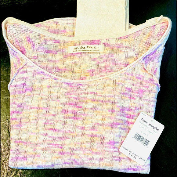 🌸Free People Long sleeve Thermal Knit Top w/Thumbholes, Size L, Pink Combo NWT - Picture 6 of 7